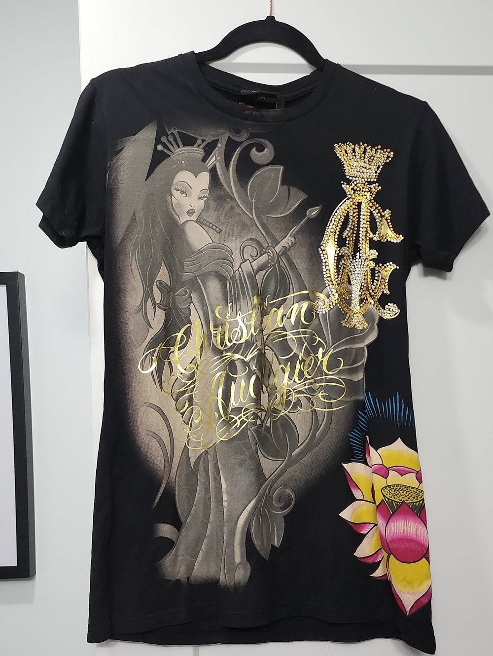 Christian Audigier Women's Black Graphic Tee with Gold Embellishment